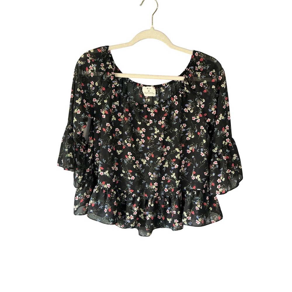 Pins & Needles SemiSheer Black Floral Chiffon Ruffle Bell Sleeve Peplum Blouse M